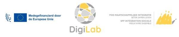 Logobanner: Gefinancierd door de Europese Unie - DigiLab - POD Maatschappelijke Integratie Beter Samen Leven