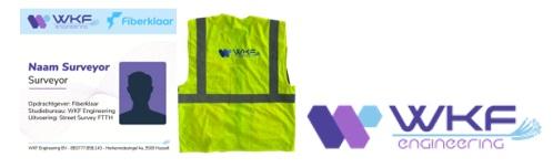 Voorbeeld van fluohesje en identificatiekaartje dat medewerkers WKF Engineering bij zich hebben