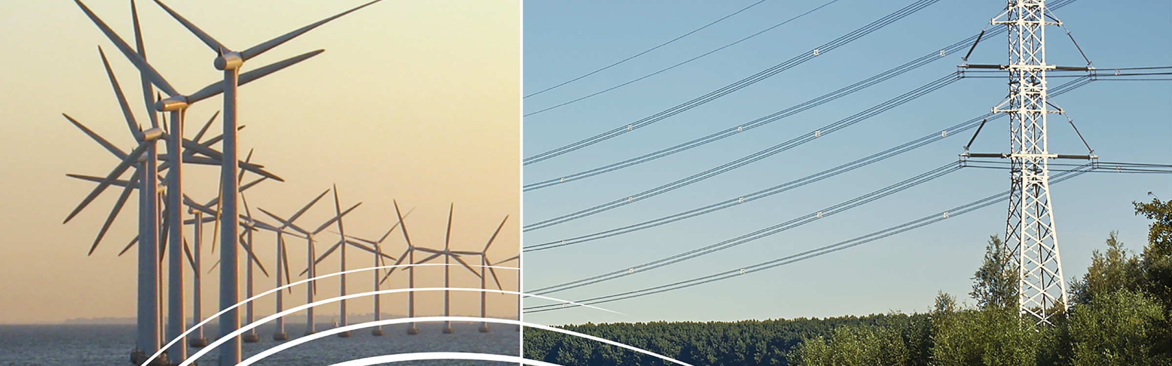 Windmolens en hoogspanningsmasten in de natuur.