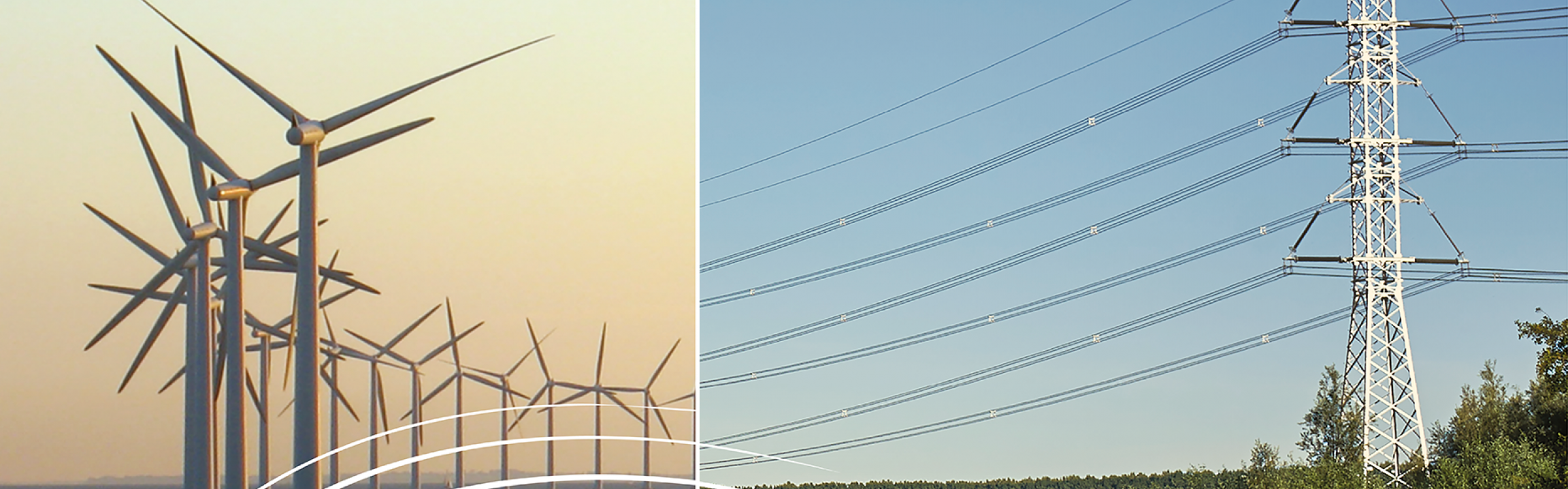 Windmolens en hoogspanningsmasten in de natuur.