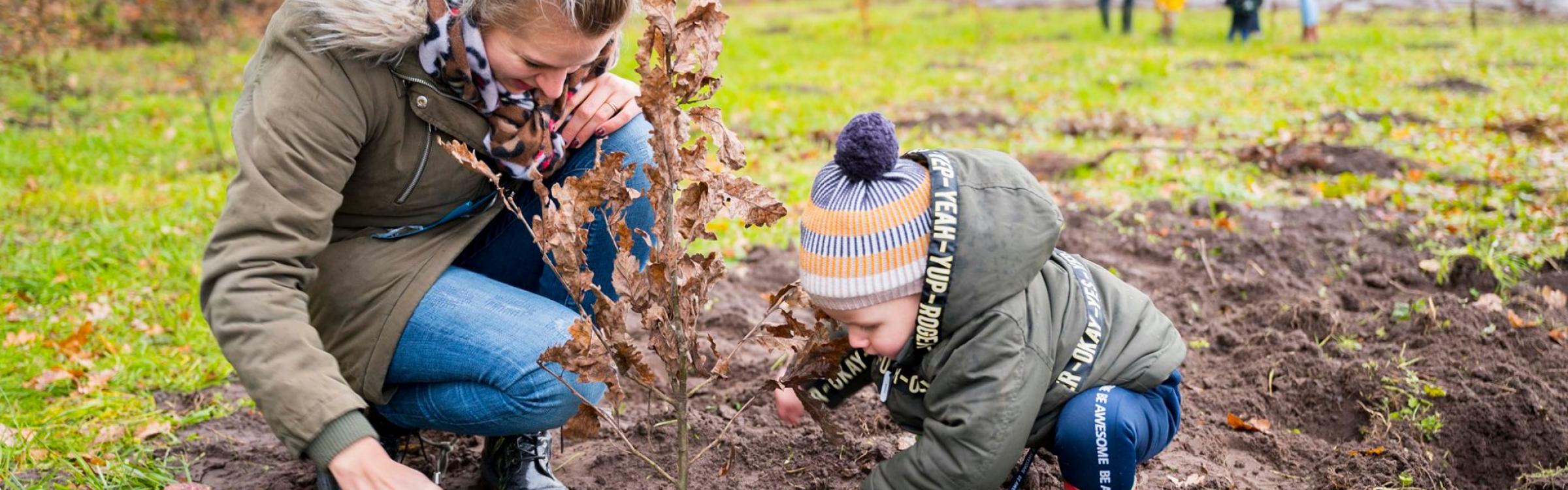 Moeder en zoon zijn een geboorteboompje aan het planten in Hoogveld.