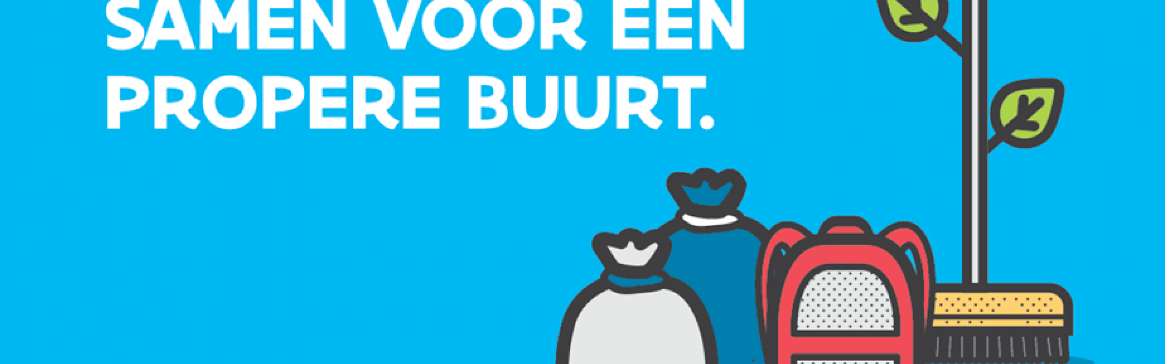 De affiche van de actie van mooimakers, met vuilniszakken en een borstel op.