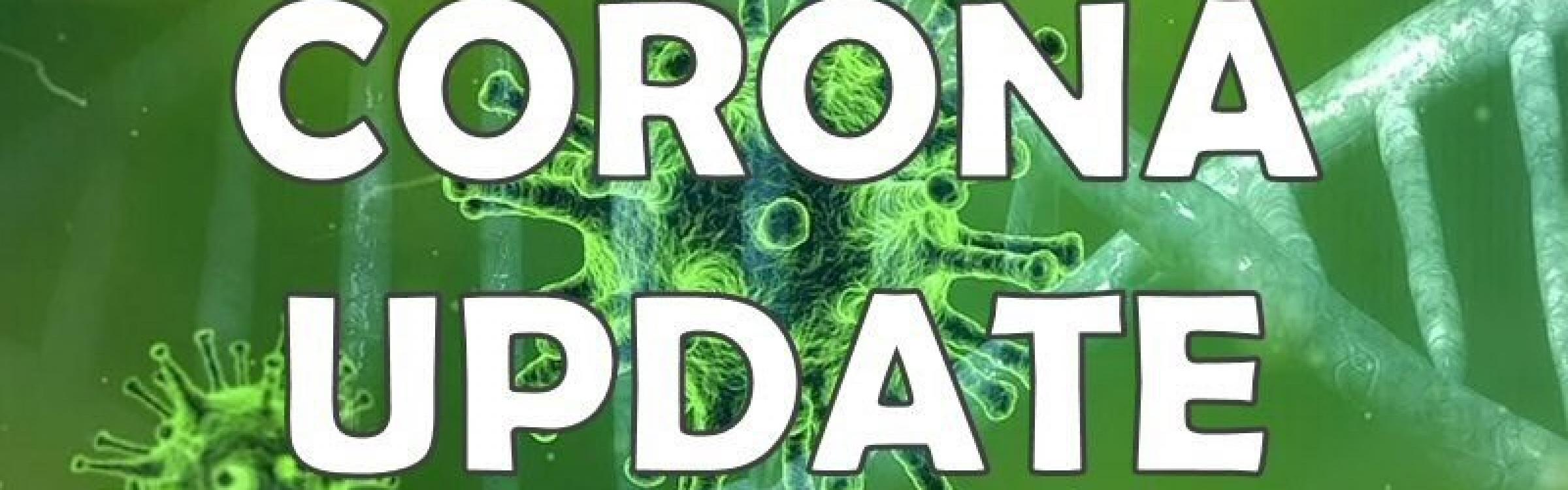 Een foto met corona update op met een groene achtergrond.