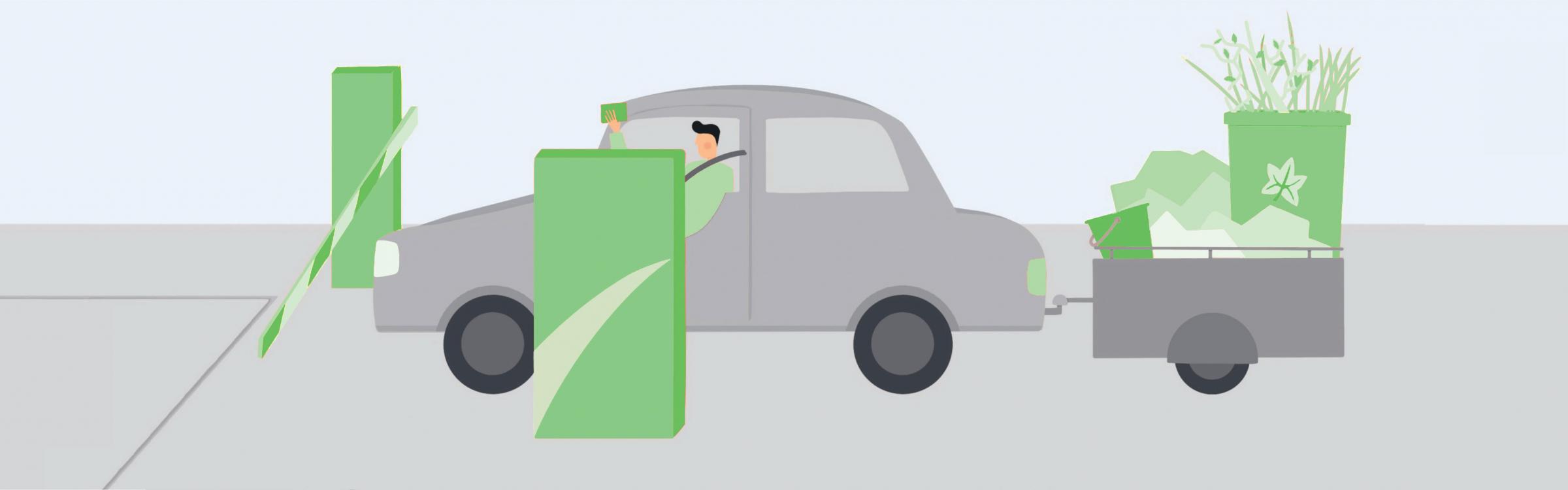 Een fictieve foto van een auto die het recyclagepark binnenrijd.