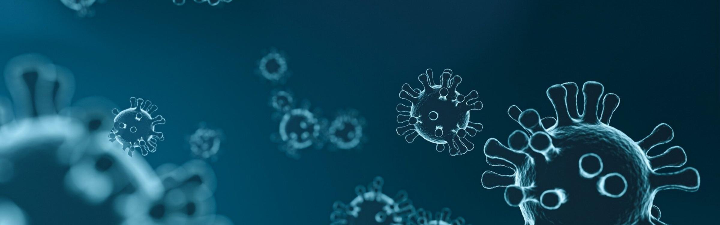 Coronavirus zweeft rond op een blauwe achtergrond.