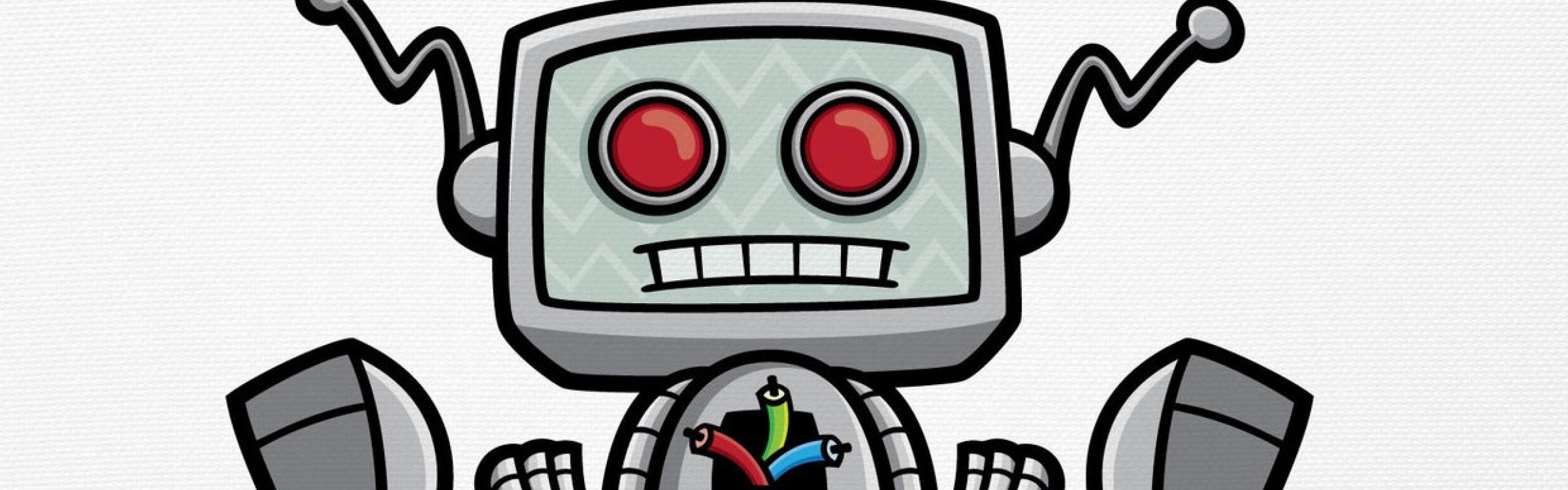 Een fictieve robot zit op de grond.