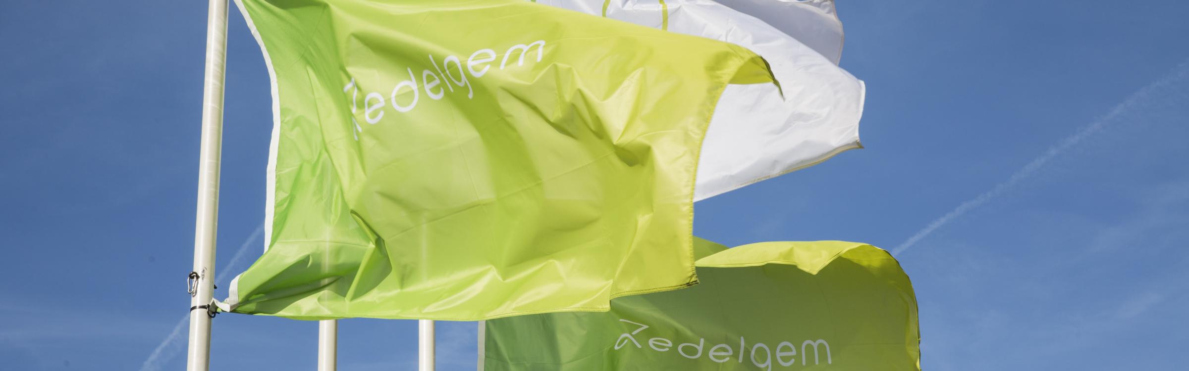 Vlaggen wapperen voor het gemeentehuis van Zedelgem.