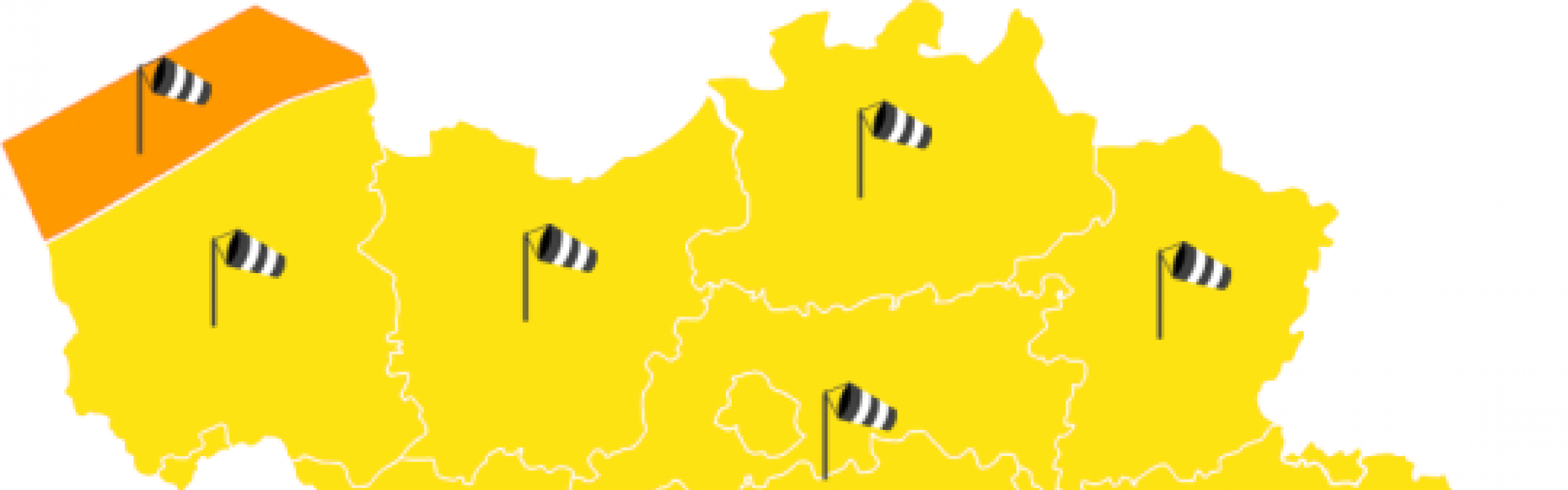 Een kaart van België die aantoont hoe krachtig de wind zal zijn van storm Franklin.