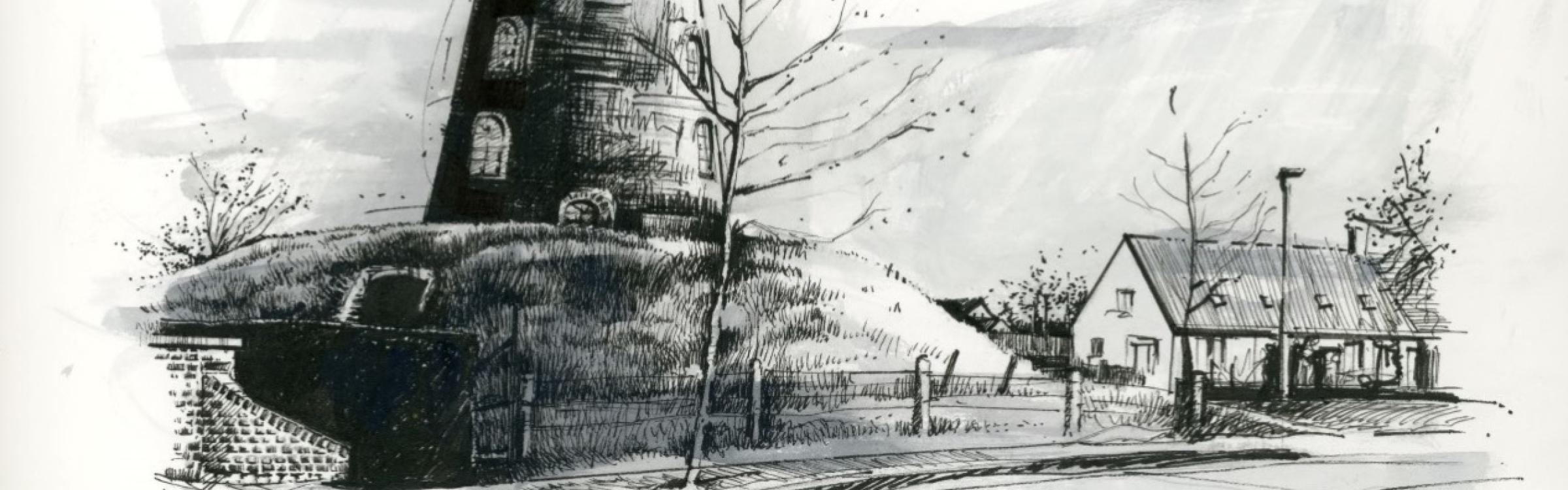 Een tekening van een molen met ernaast een huisje.