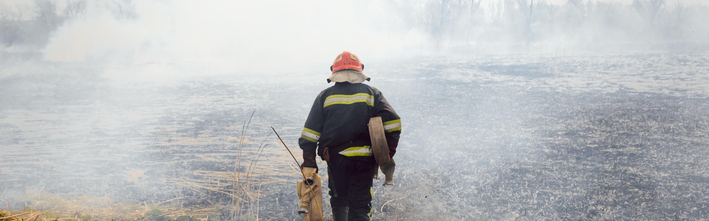 Brandweerman blust het vuur van een bosbrand.