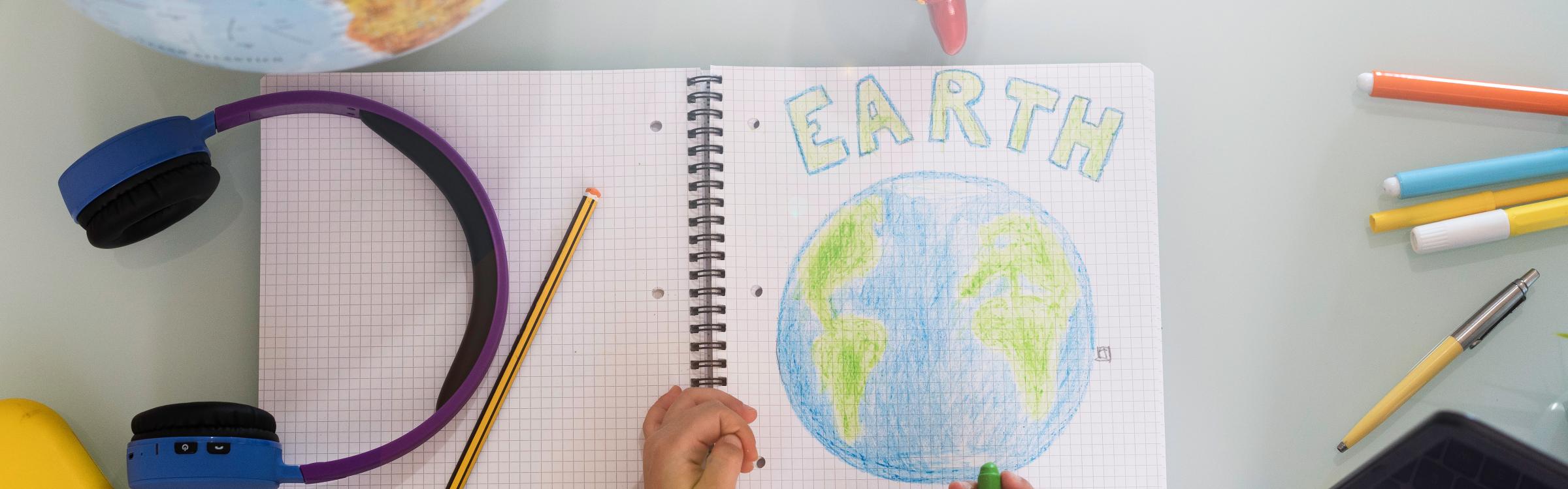 Een tekening van de aarde met als bedoeling 'save the planet'.