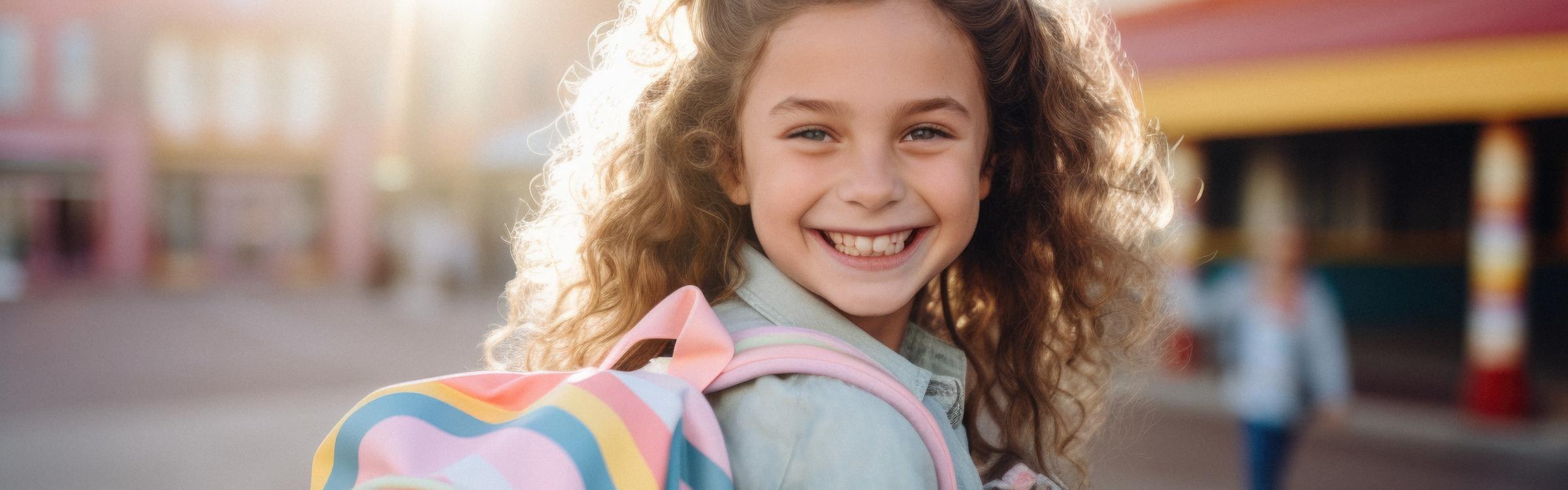 Meisje glimlacht op de eerste schooldag.