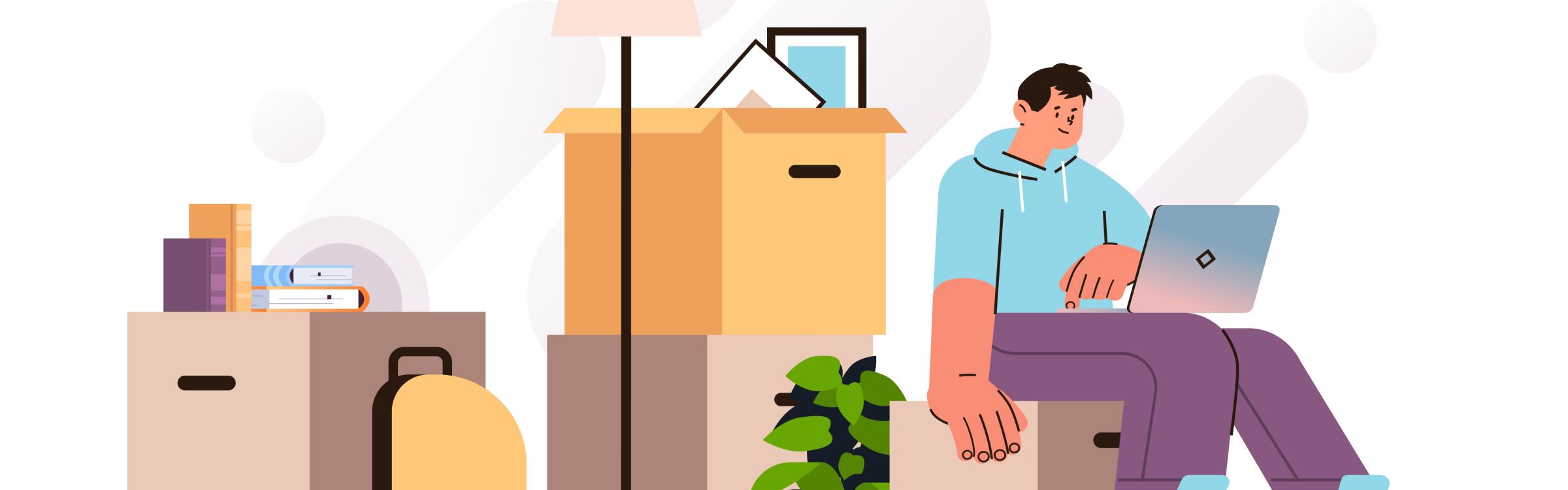 Illustratie persoon bezig op computer bij verhuisdozen.