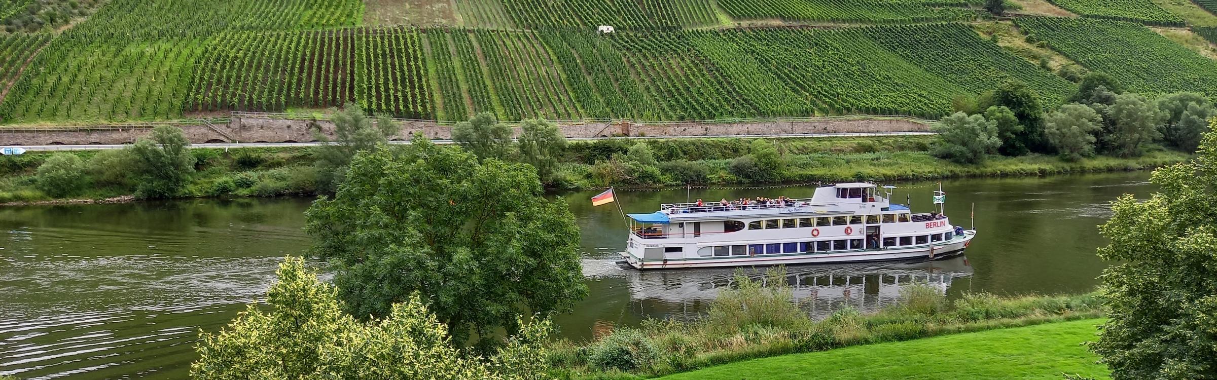 Boottocht op de Moezel in groene omgeving Reil in Duitsland.