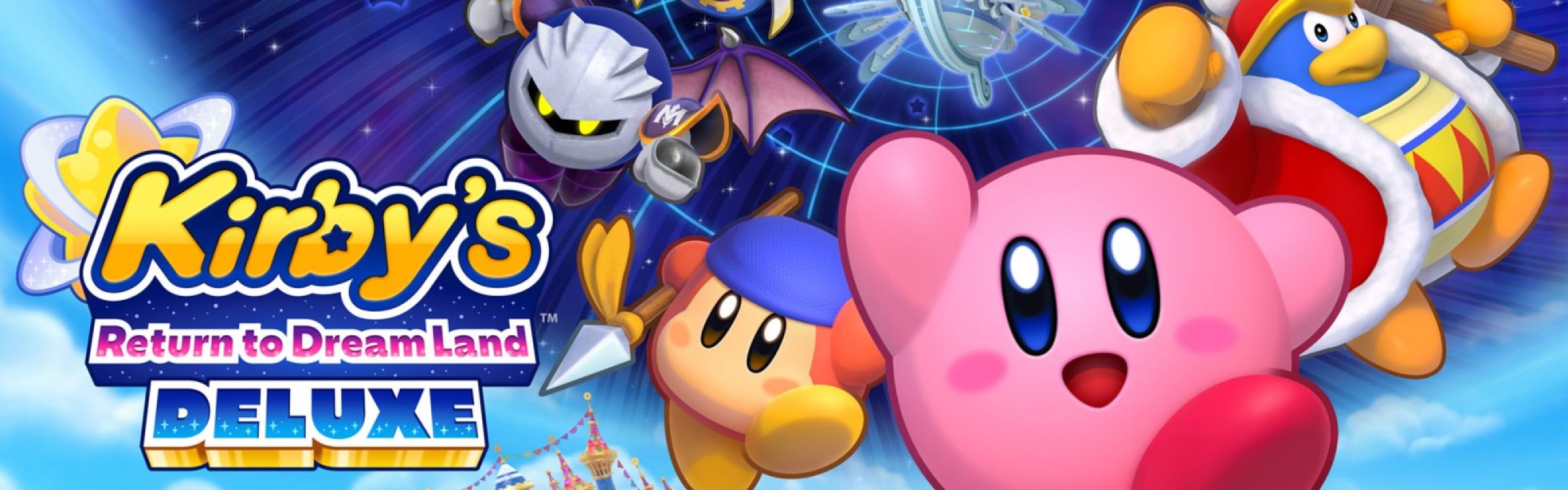 Kleurrijke affiche met figuurtjes op van het spel Kirby's Return to Dream Land Deluxe.