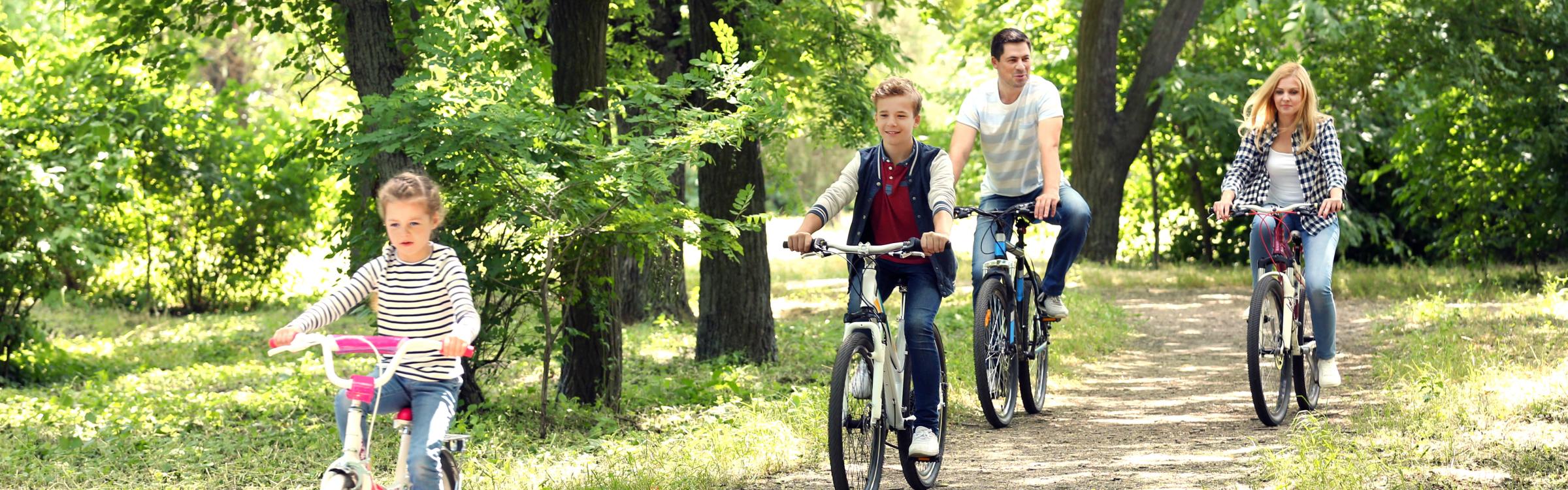 Gezin aan het fietsen in een groene omgeving
