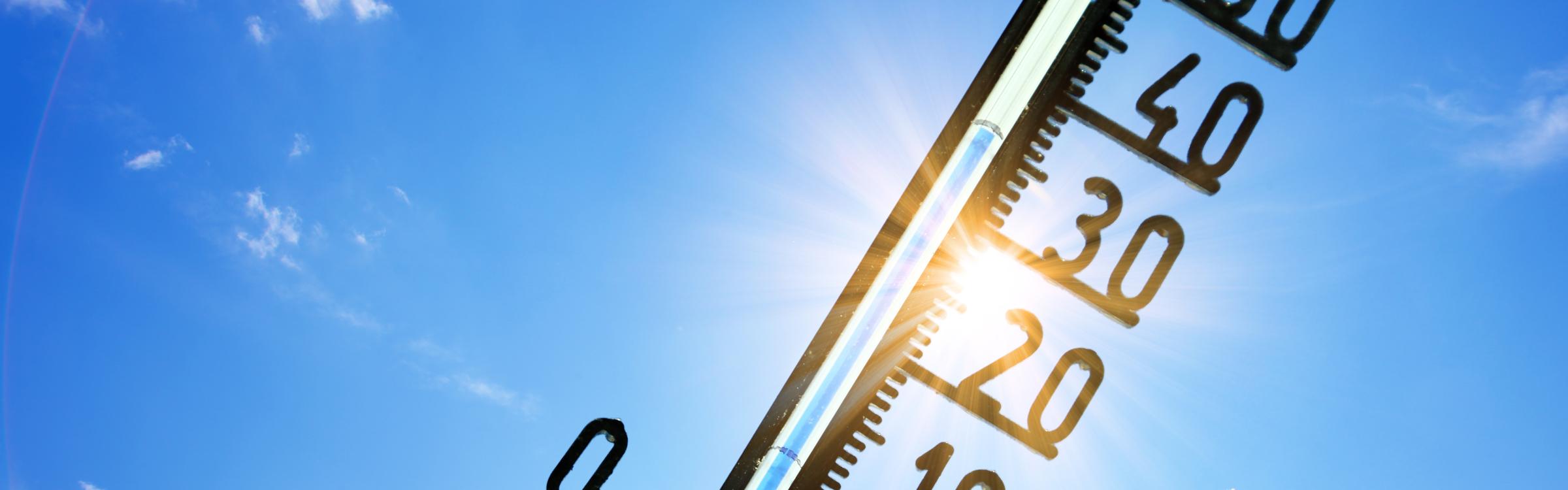 Thermometer geeft 36 graden aan tegen een staalblauwe hemel