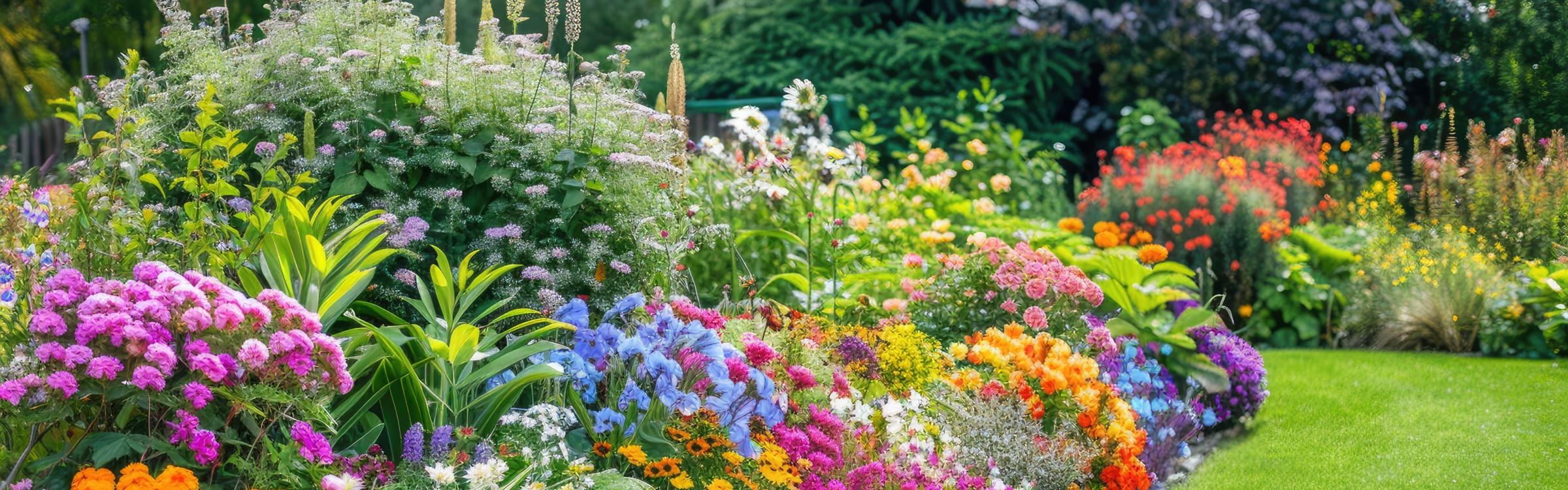 Mooie tuin met een uitgebreide variatie aan bloemen in verschillende kleuren
