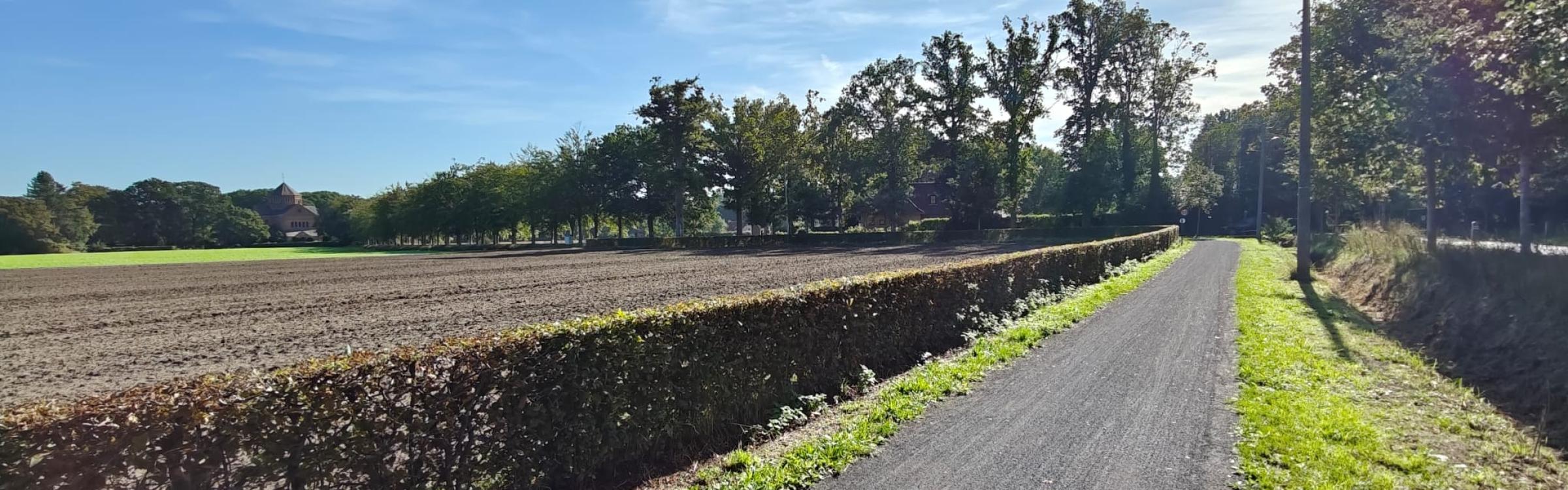Foto van het vrijliggend fietspad langs de Rolleweg met uitzicht op de Priorij van Bethanië