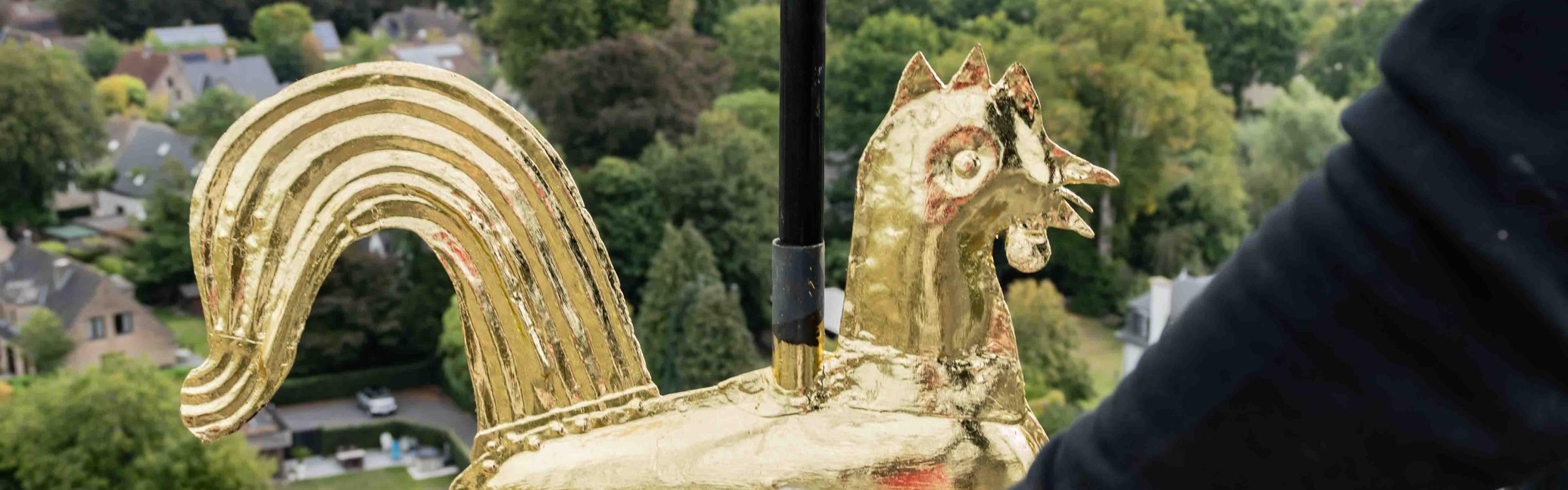 gerenoveerde haan van de torenspits kerk Loppem