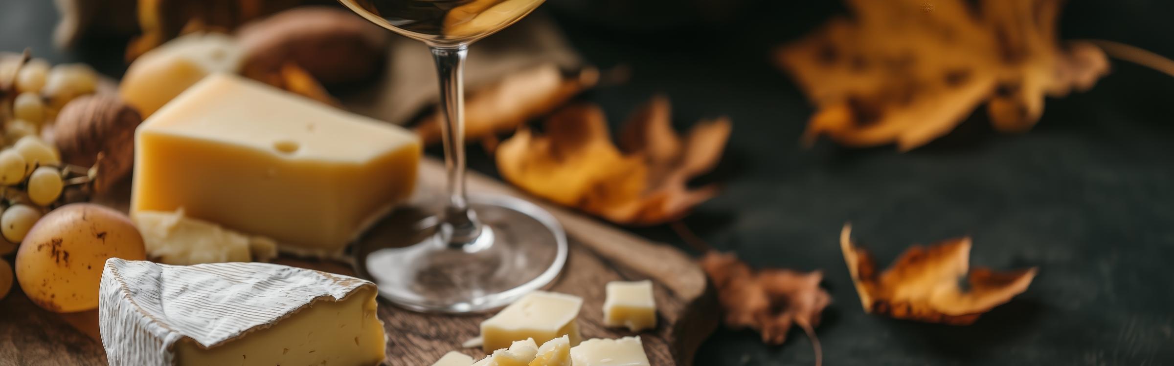 Kaasplank met glas wijn en herfstblaadjes