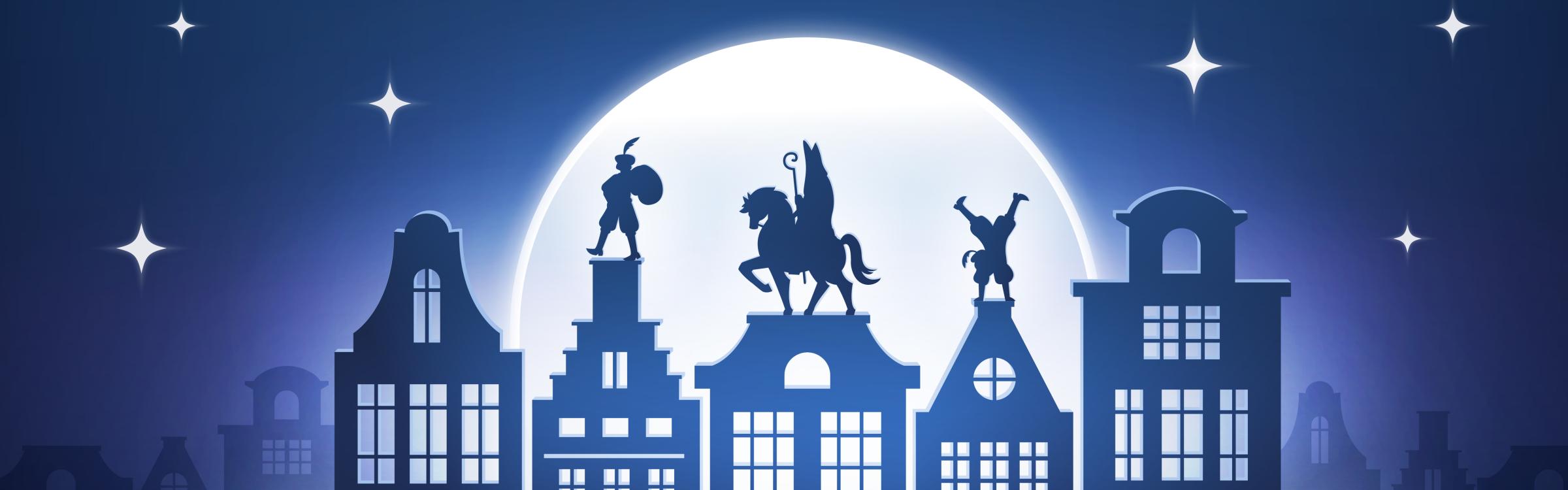 Sinterklaas zit op zijn paard en loopt over de daken met 2 roetpieten