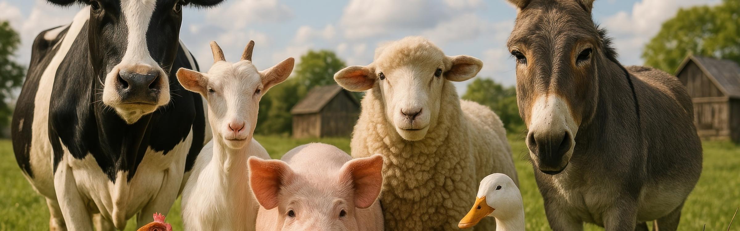 Een koe, geit, schaap, ezel, kip, gans en varken in een weide