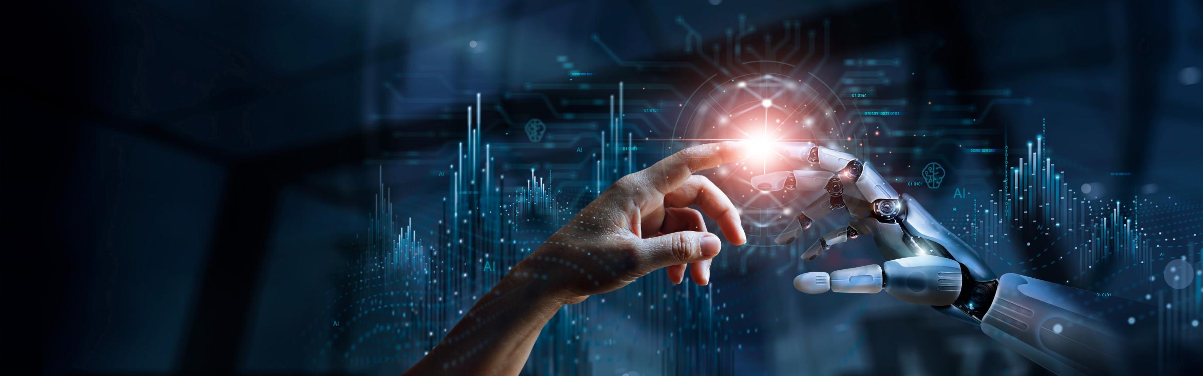 Menselijke hand raakt hand van een robot aan