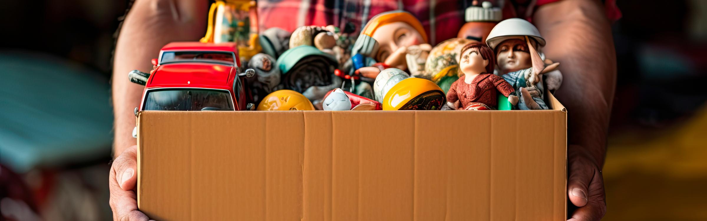 Man met een geruit hemd houdt een kartonnen doos vast met allerhande spulletjes in