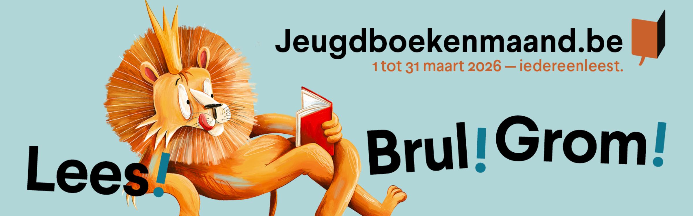 Banner Jeugdboekenmaand 2026 met een leeuw op.