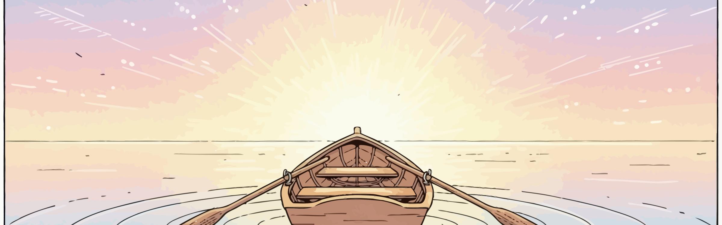 Illustratie van een roeiboot op een kalme zee met een zakkende of opkomende zon