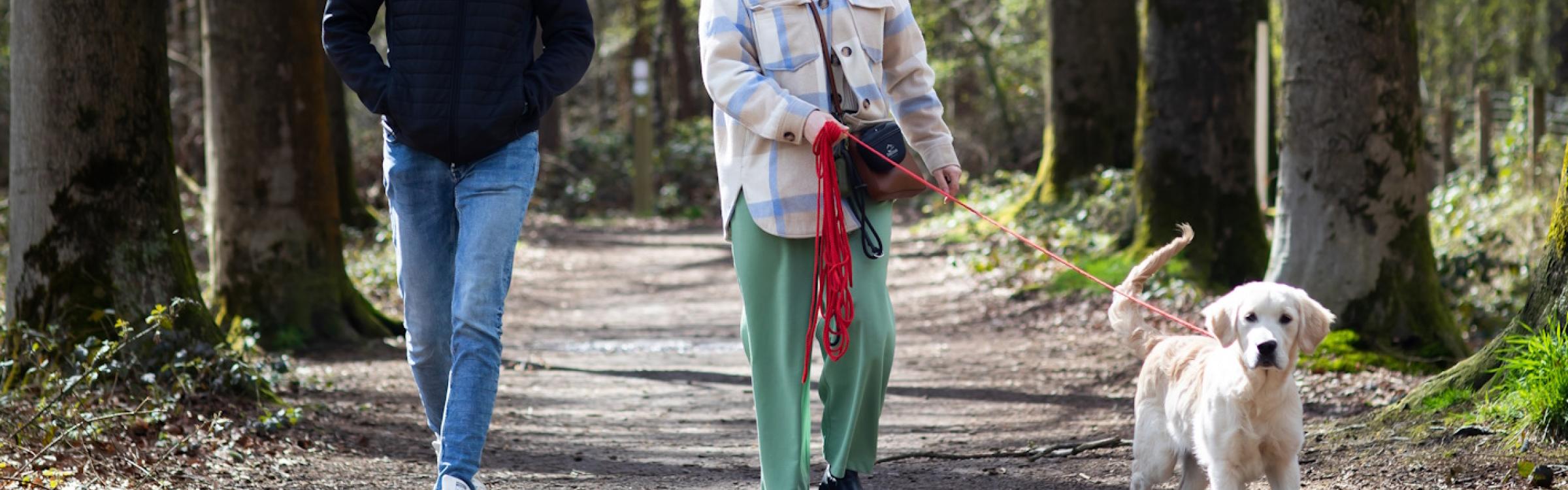 Man en vrouw met hond aan de leiband in een bos