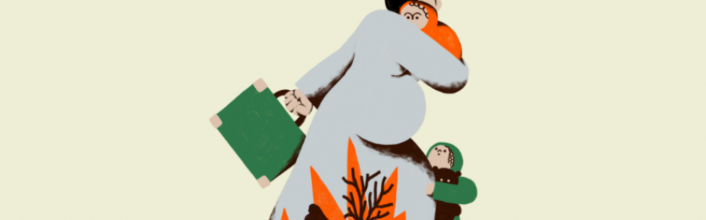 Illustratie vrouw die vlucht met kind op de arm en koffer in de hand