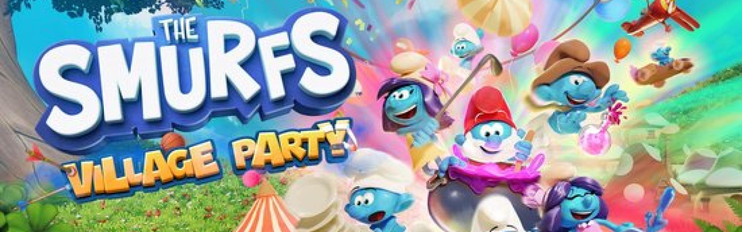 Kleurrijke afbeelding met verschillende Smurfen op. 