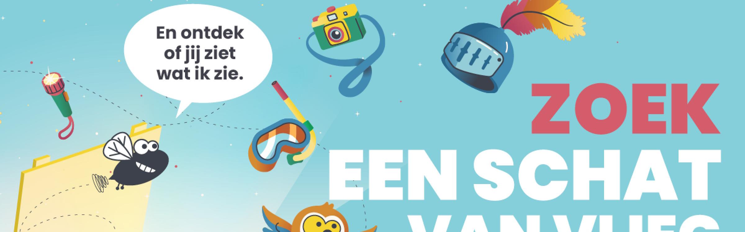 Kleurrijk promobeeld met Vlieg, een koffer, een zaklamp, een camera, ... voor Schatten van Vlieg 2026.