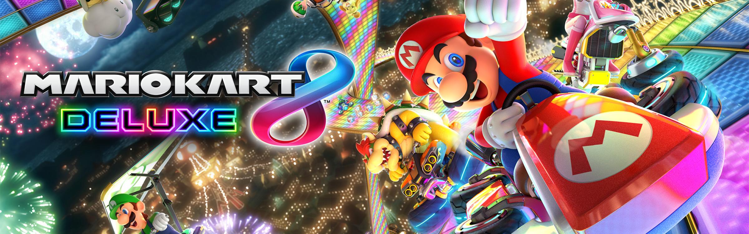 Kleurrijke afbeelding van de game Mario Kart 8 Deluxe, we zien een race.