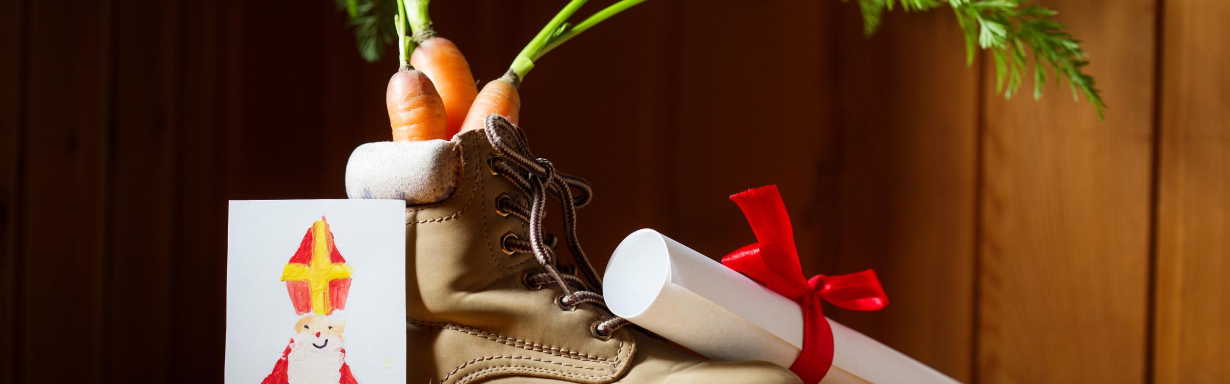 Schoen staat klaar met wortels in en tekening voor de Sint
