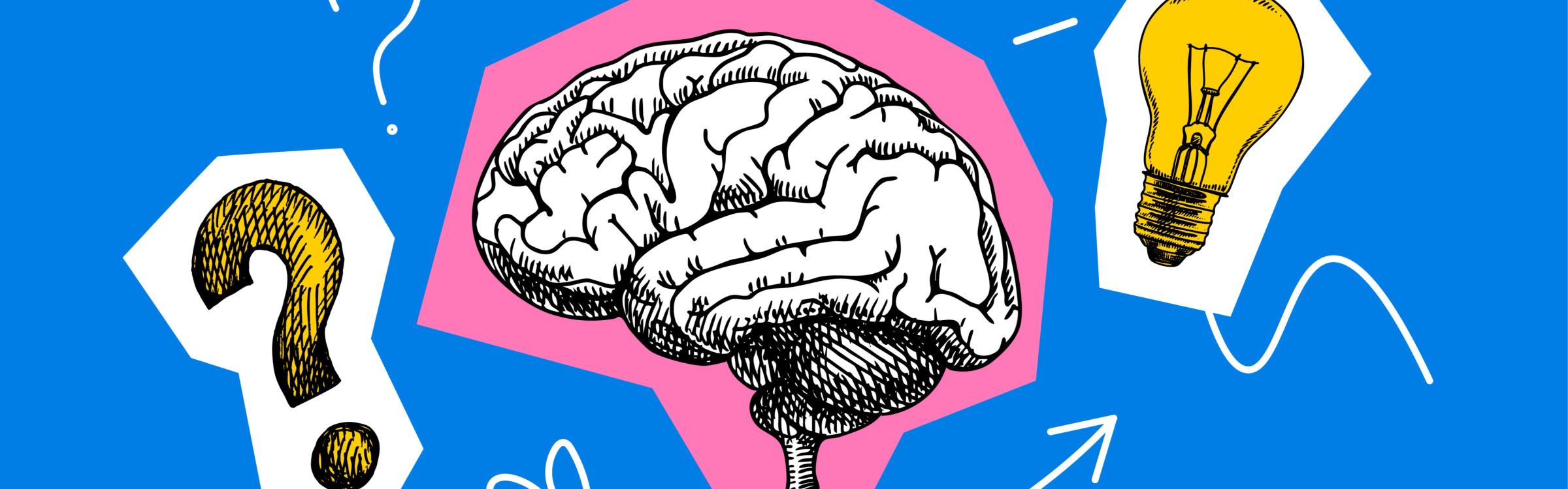 Vraagtekens en tekening van een brein op blauwe achtergrond